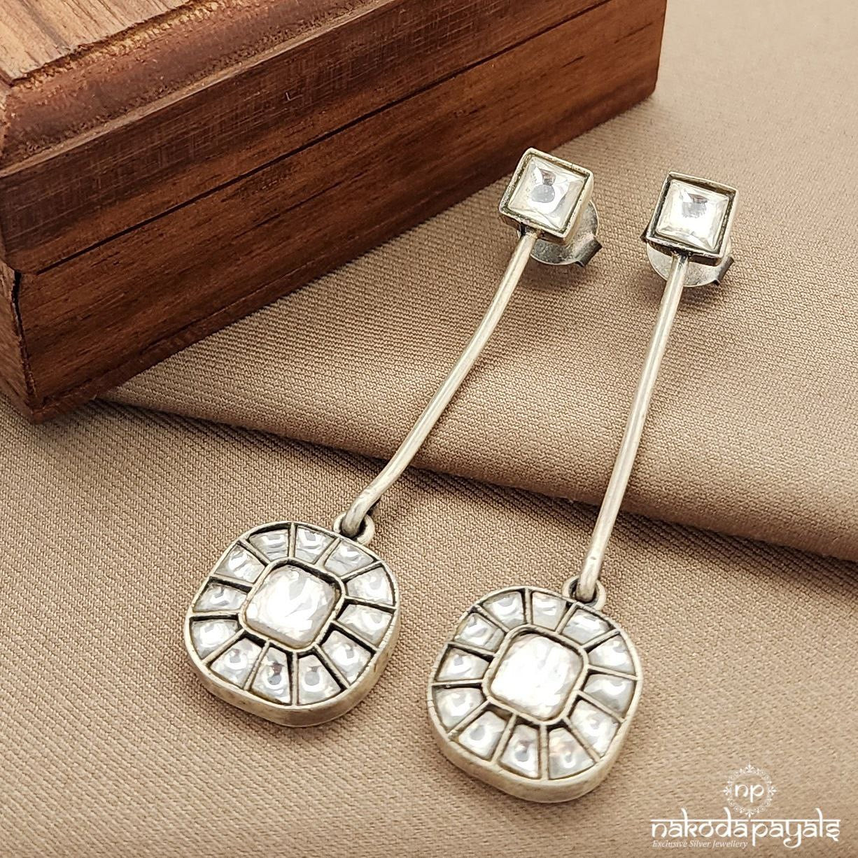 White Squarish Drop Kundan Earrings(C3617)