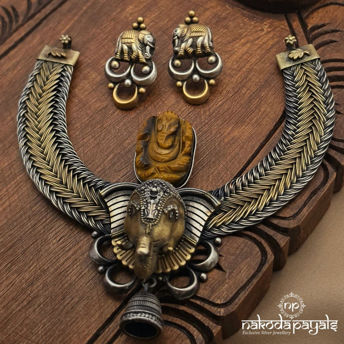 Ganesha Dual Tone Hasli With Earrings (N12218)