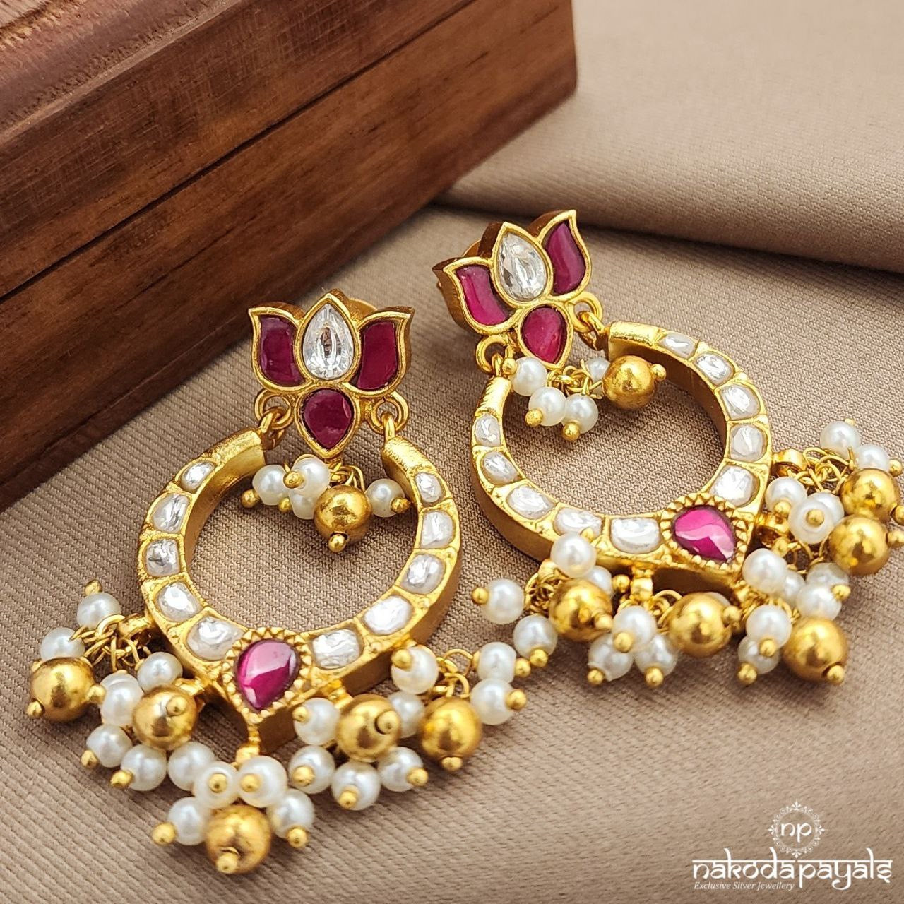 Pink White Pearl Drops Kundan Chandbali (Ge9696)