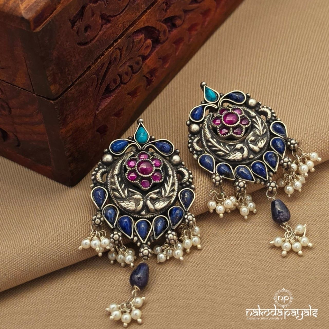 Turquoise Floral Peacock Pearly Studs (S4153)