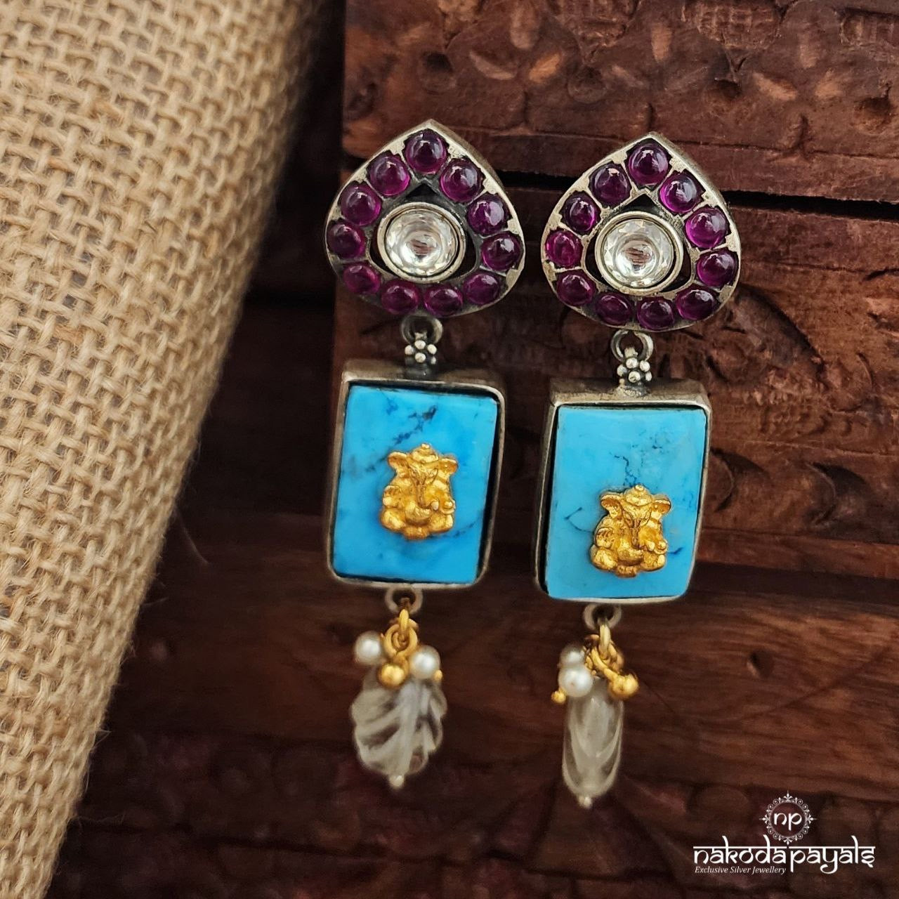 Turquoise Ganesha Drop Dual Tone Earrings (Dt1332)