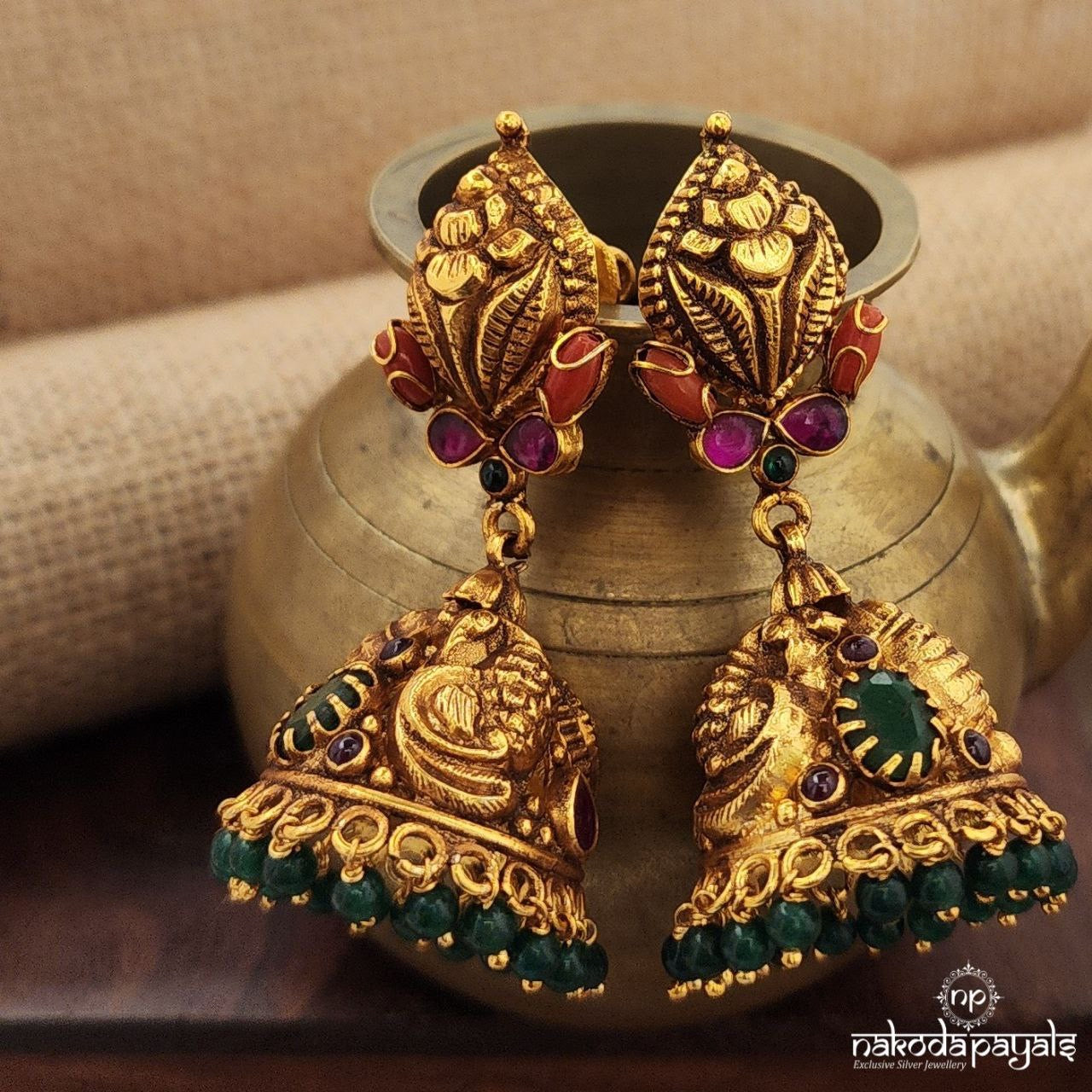 Coral Green Drops Jhumka (Ge9642)