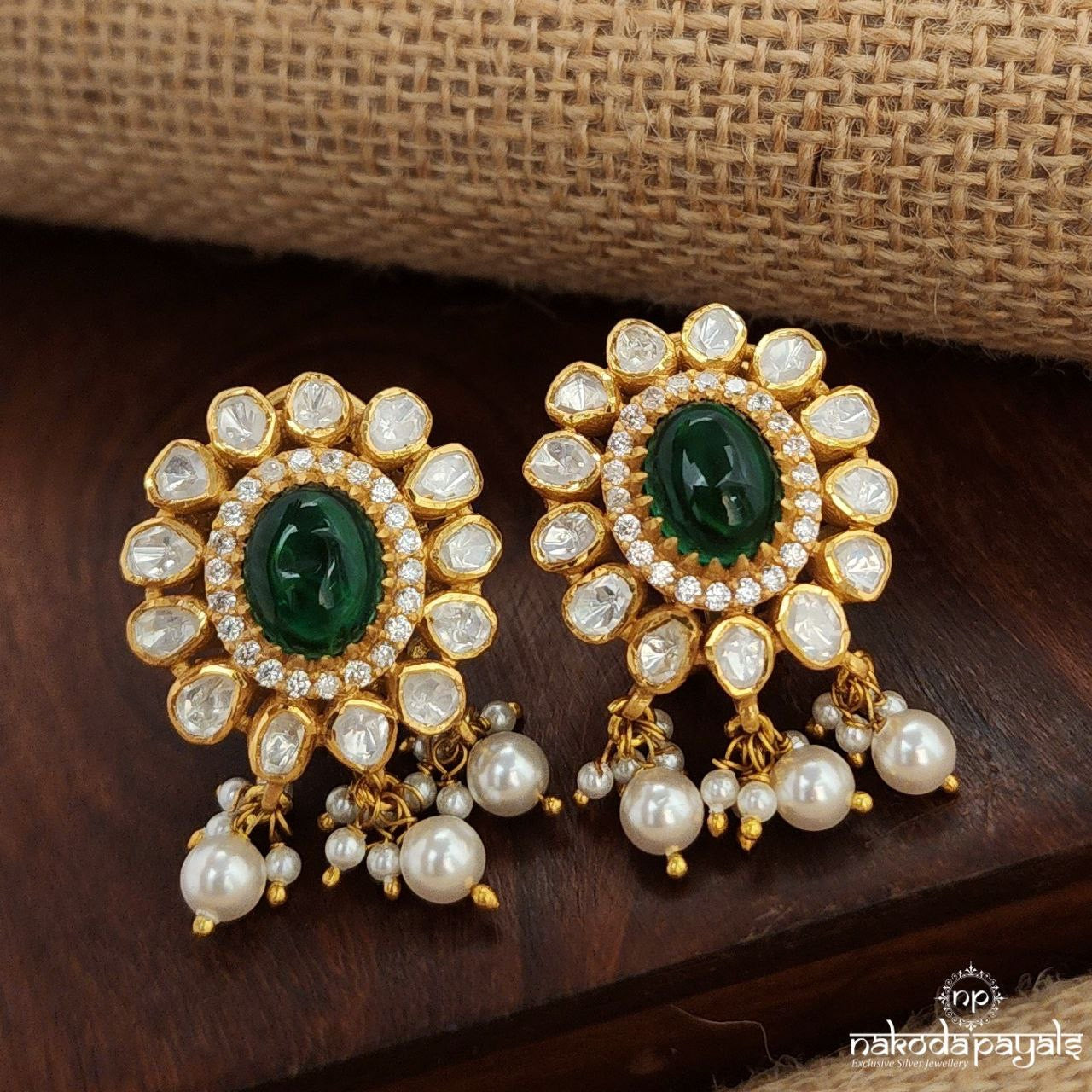 Emerald Pearl Drops Moissanite Studs (Ge9637)