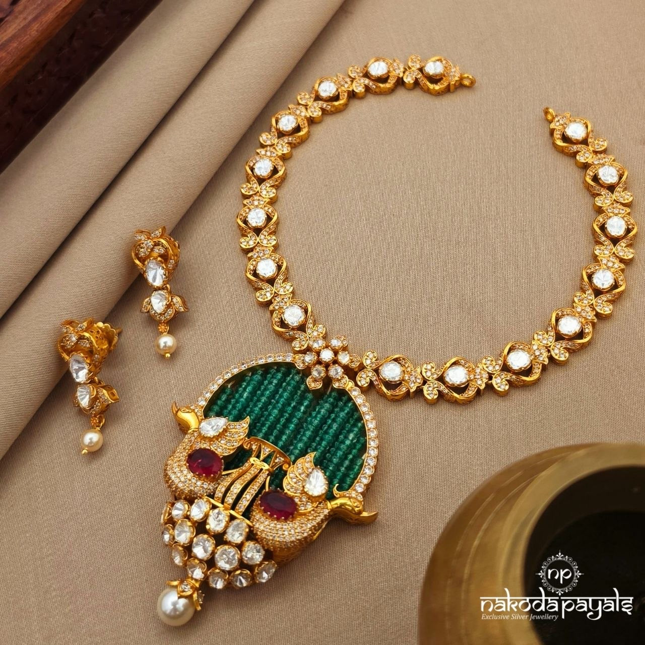 Gorgeous Twin Birdie Moissanite Neckpiece With Earrings (Gn10412)