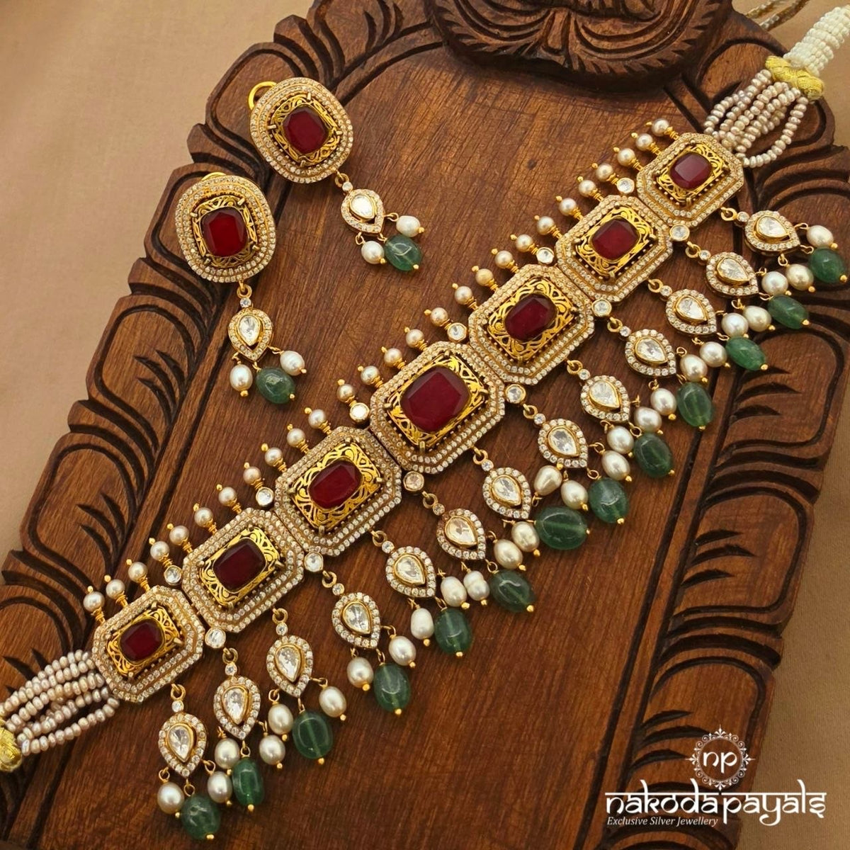 Ruby Green Drops Moissanite Choker With Earrings (Gn11027)
