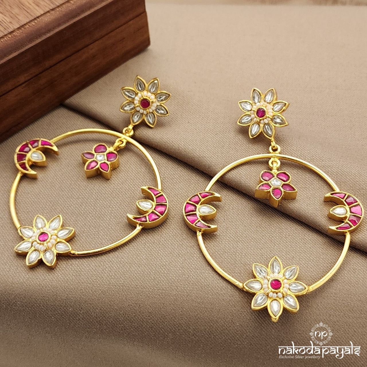 Pink Floral Drop Half Moon Kundan Earrings (Ge9698)