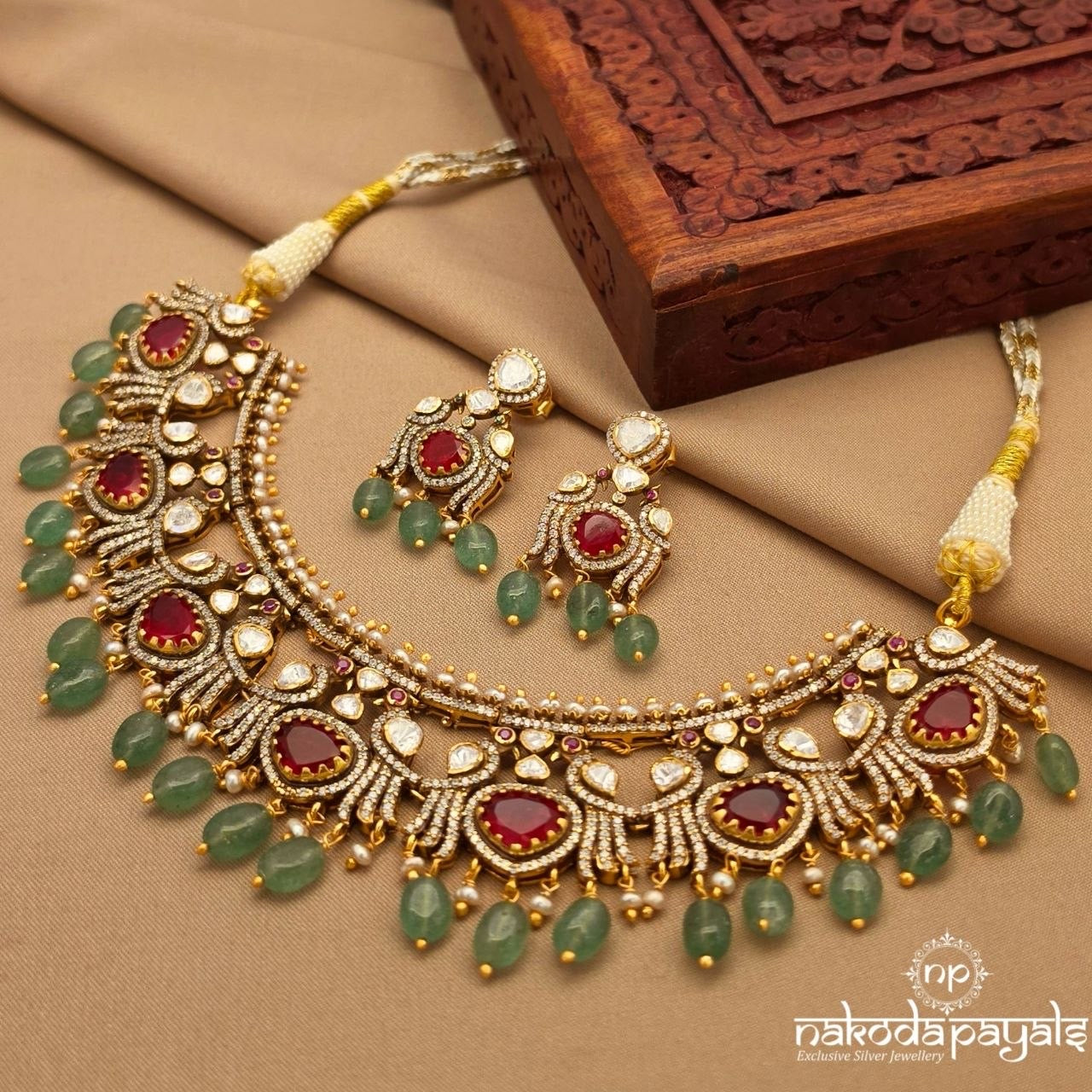Ruby Twin Birdie Moissanite Neckpiece With Earrings (Gn10230)