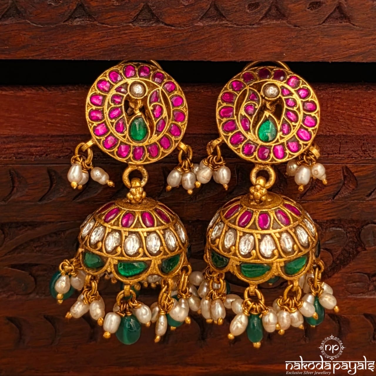 Pink Peacock Pearled Kundan Jhumka (Ge10958)