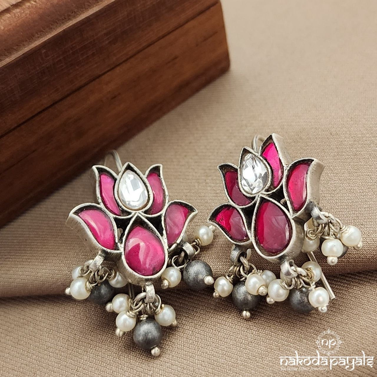 Pink Lotus Pearl Drops Kundan Earrings (C3615)