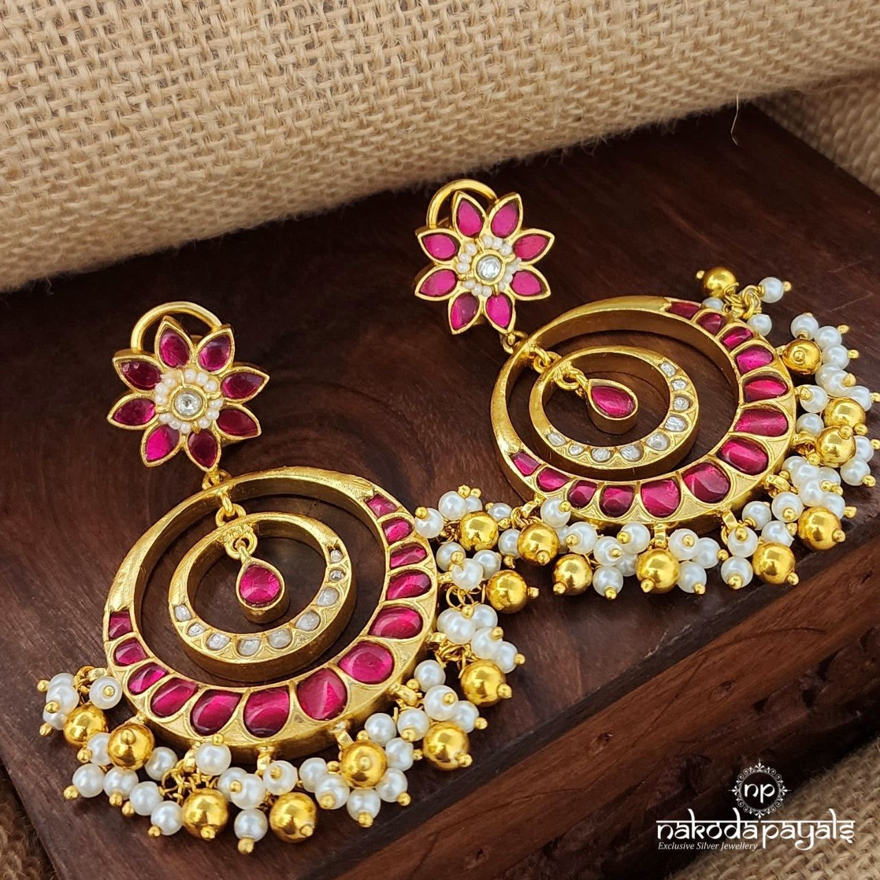 Pink Floral Ball Drops Kundan Chandbali (Ge9565)