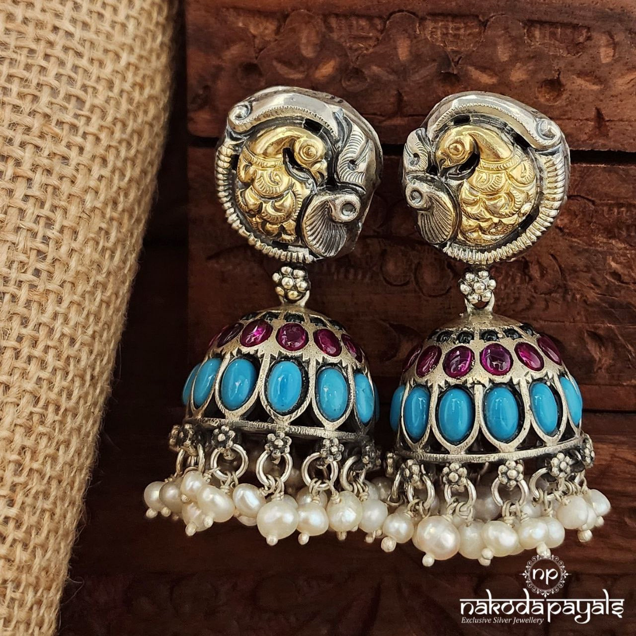 Turquoise Peacock Dual Tone Jhumka (Dt1338)