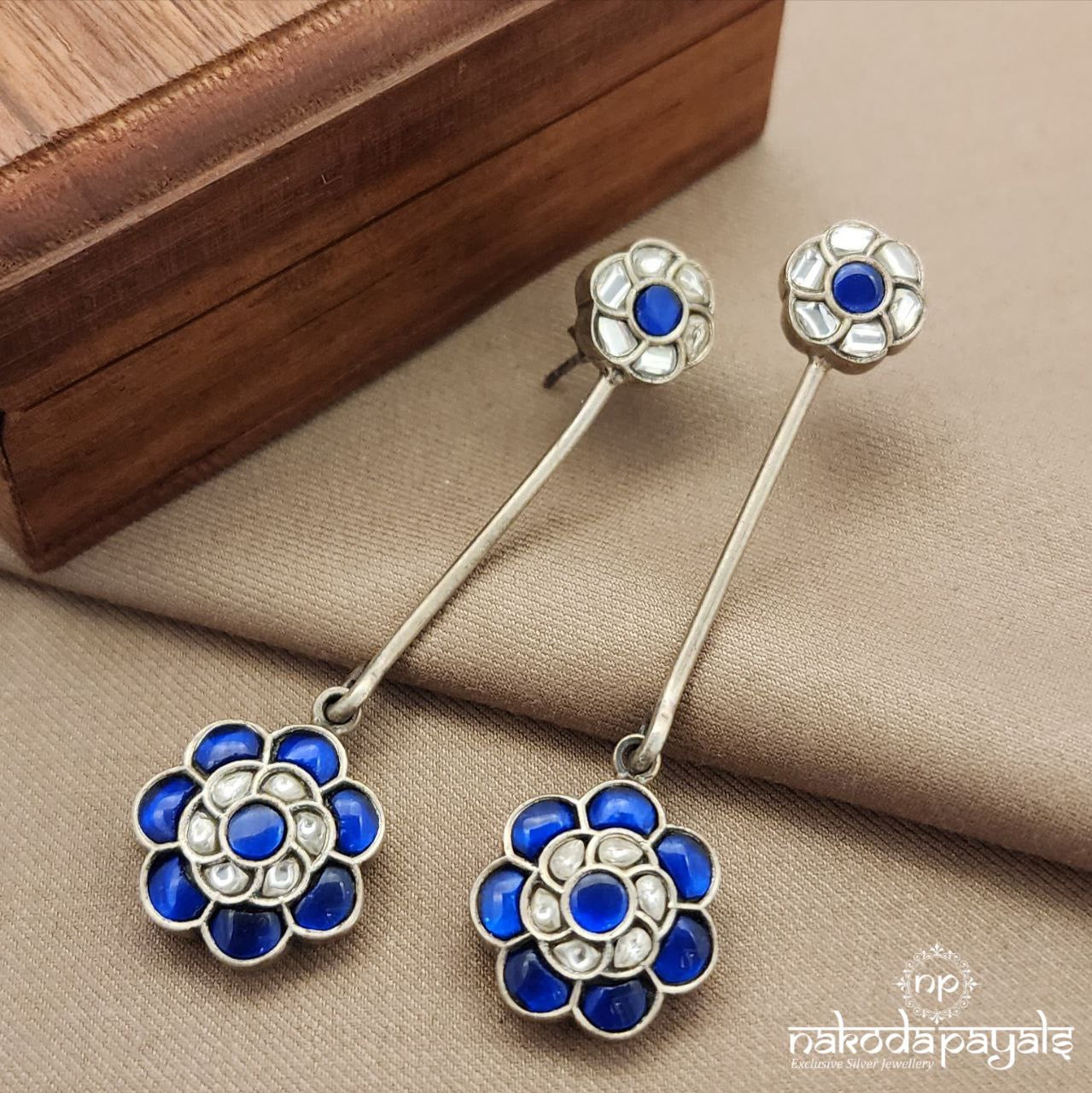 Royal Blue Flower Drop Kundan Earrings (C3603)