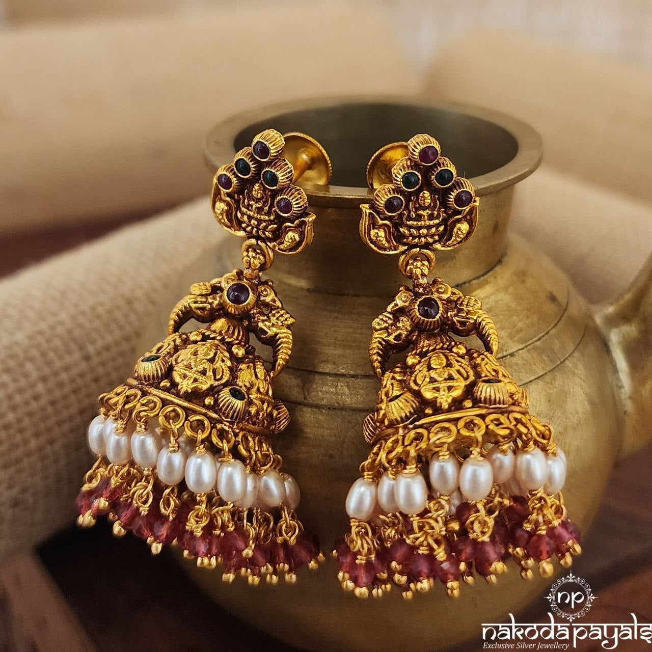 Twin Peacock Pink White Pearl Drops Jhumka (Ge8481)