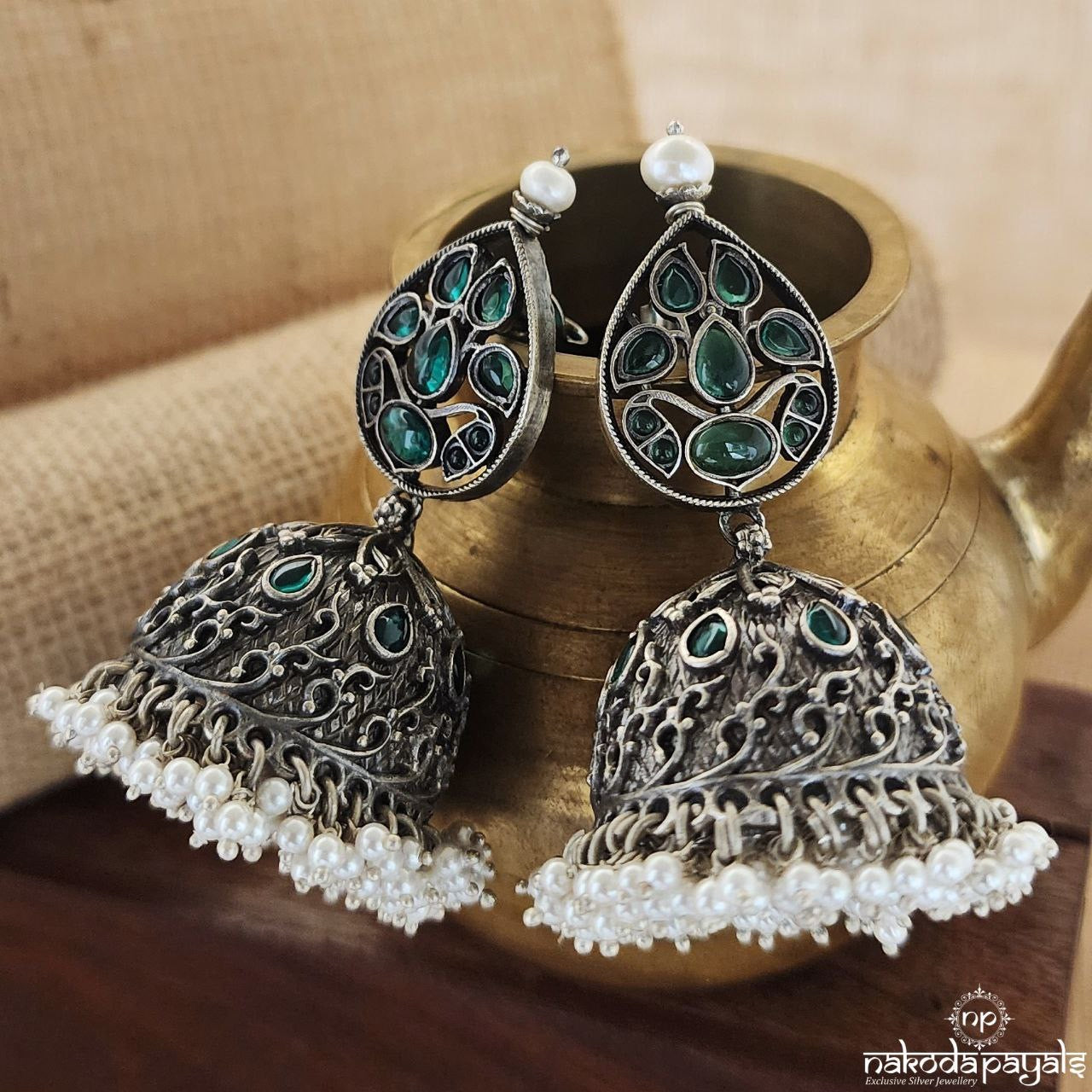 Green Leaf Pearl Drops Jhumka (J8136)