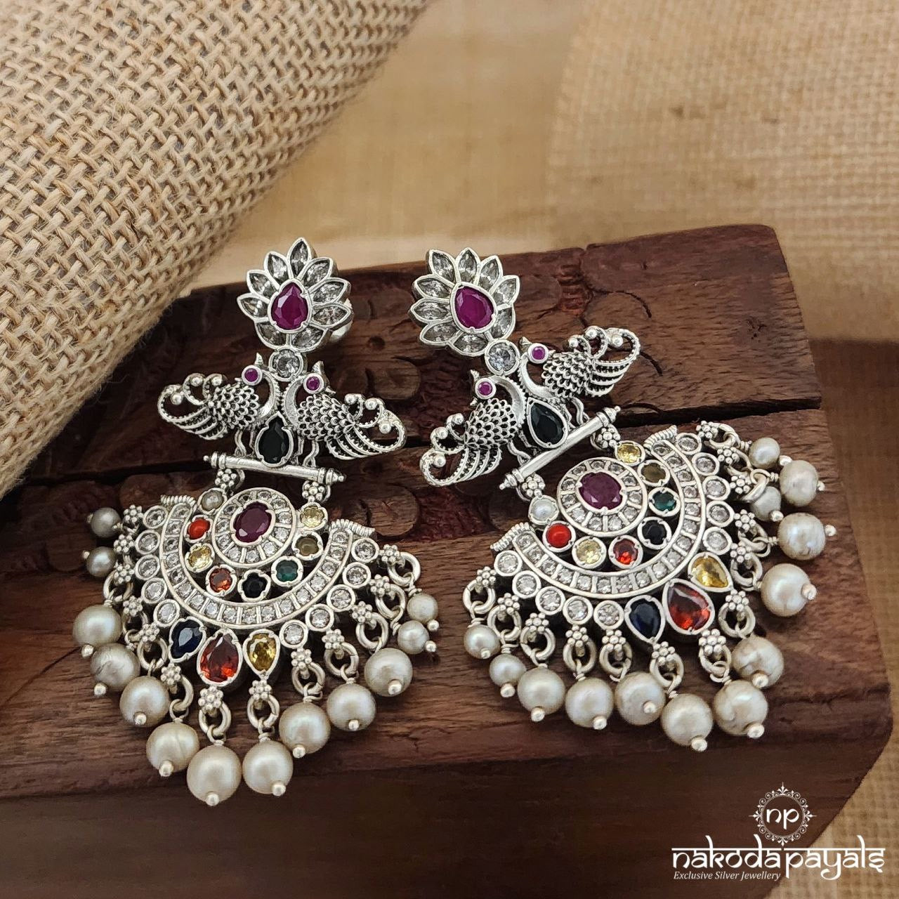 Twin Peacock Navratna Chandbali (C3075)
