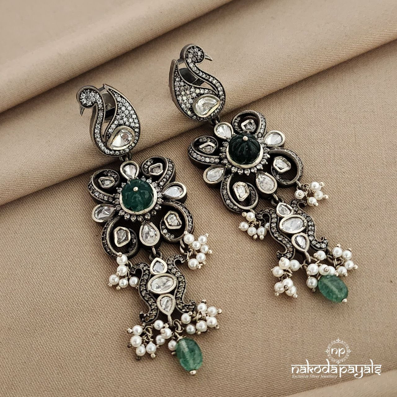 Fluttering Peacock Green Chandbali (C7192)