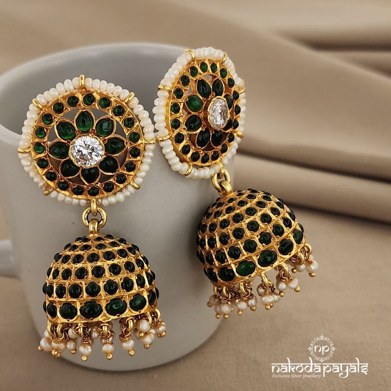 Green Pearled Jhumka (GE6254)