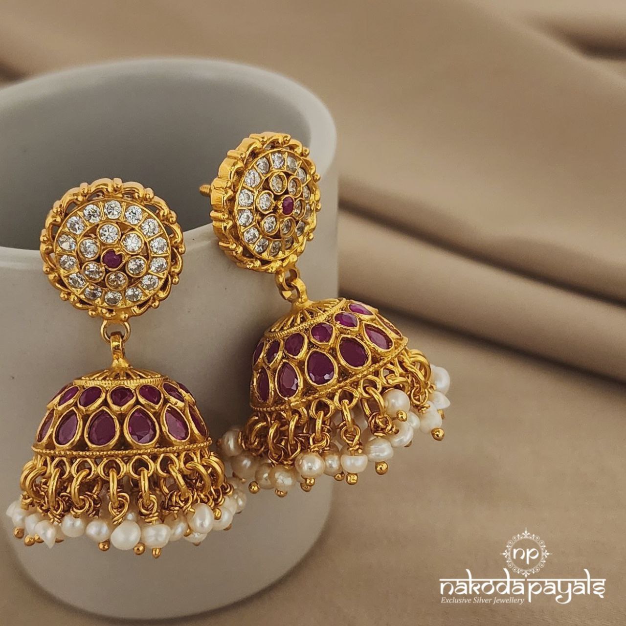 Oval White Jhumka ( GE6257)