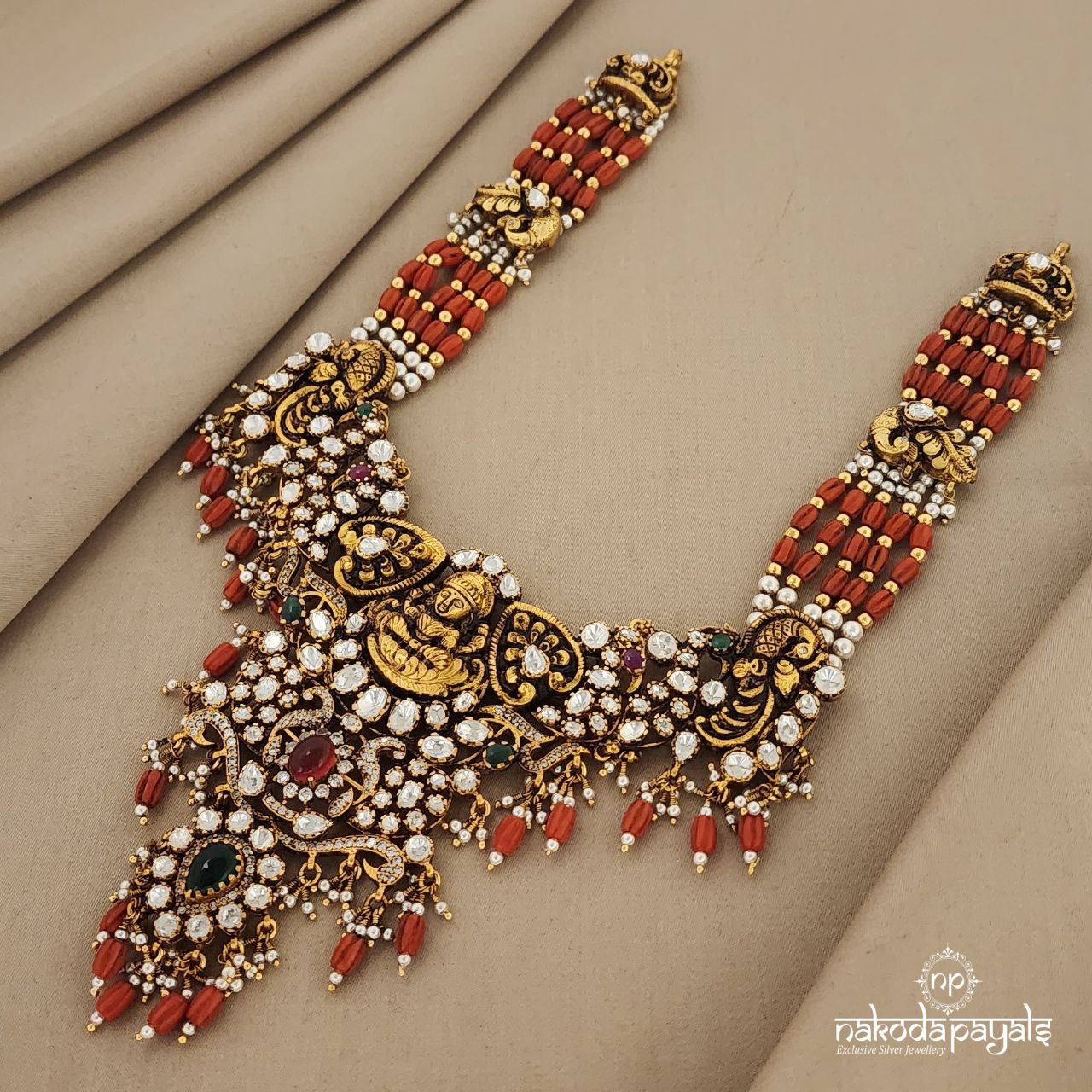 Stunning Coral Lakshmi Moissanite Neckpiece (GN6354)