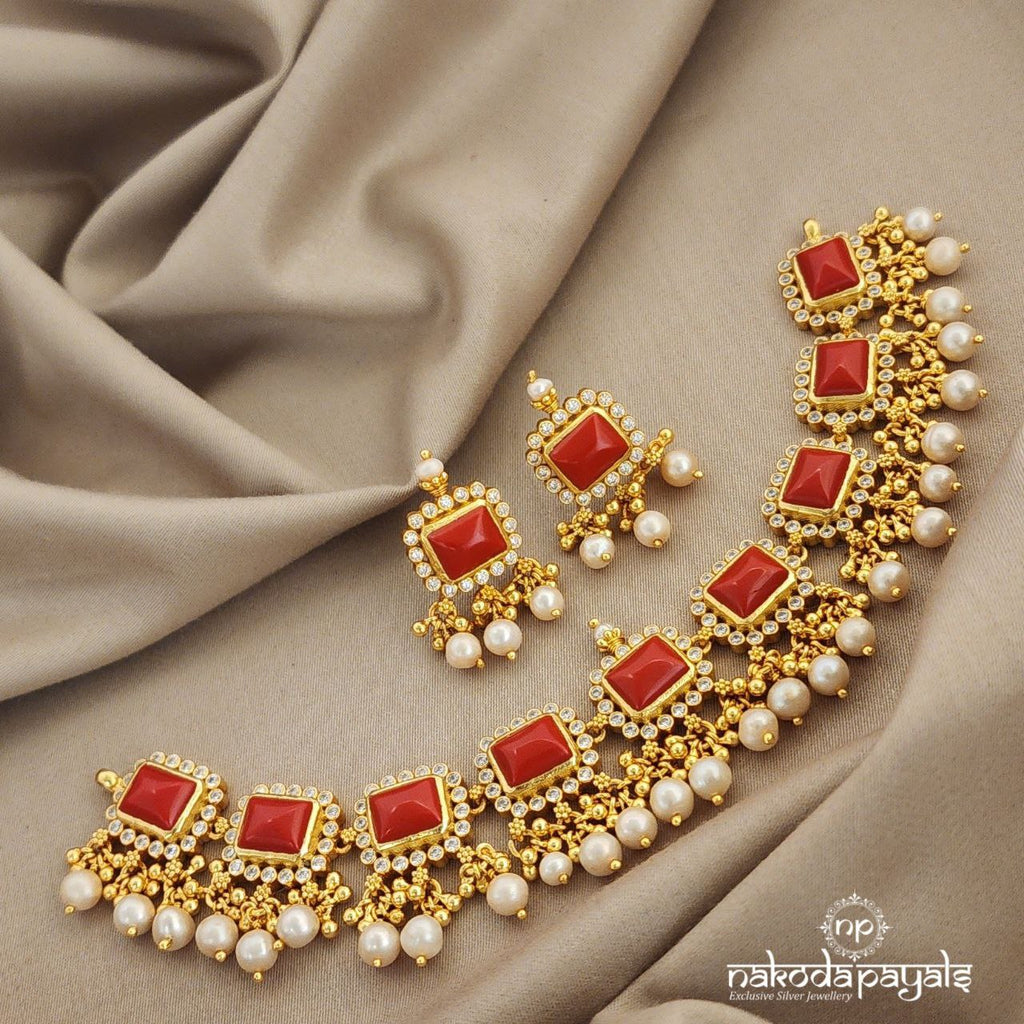 Squarish Coral Choker With Earrings (GN6443)