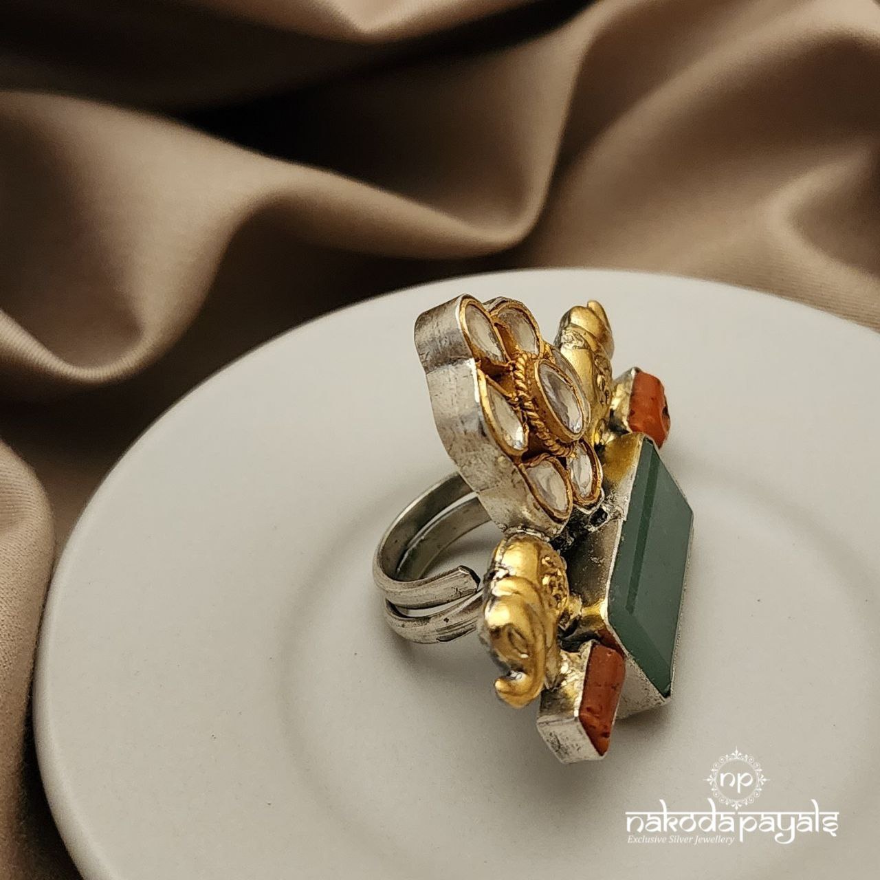 Coral Kundan Elephant Finger Ring (F2227)