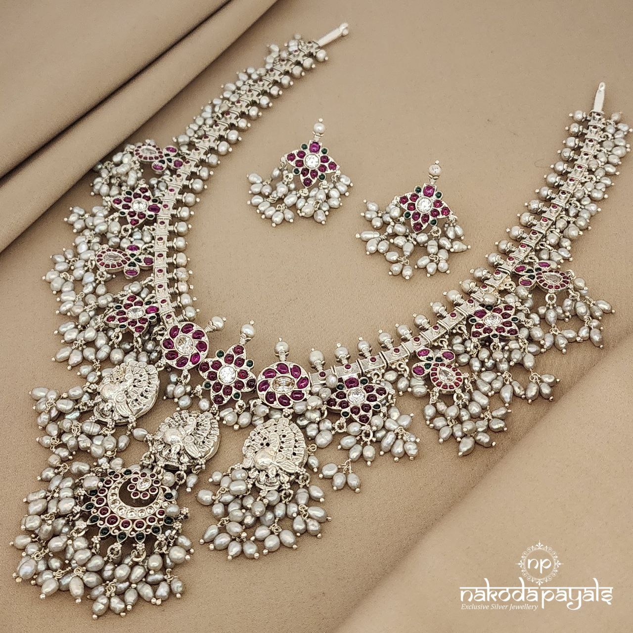 Peacock Floral Guttapusalu Long Neckpiece With Earrings (N9506)