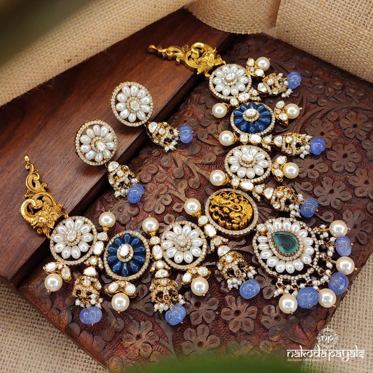 Pearls & Blue Moissanite Neckpiece With Earrings (Gn7528)