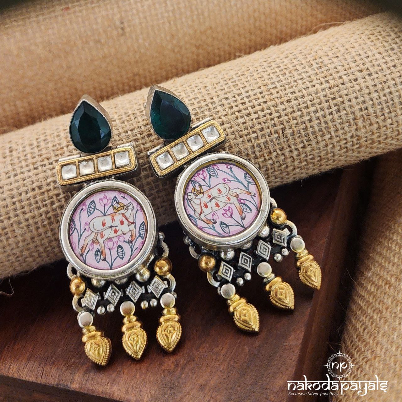 Emerald And Cow Painted Earrings (C8009)