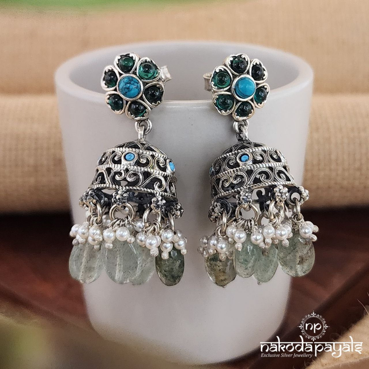 Green Beads Turquoise Jhumka(J7956)