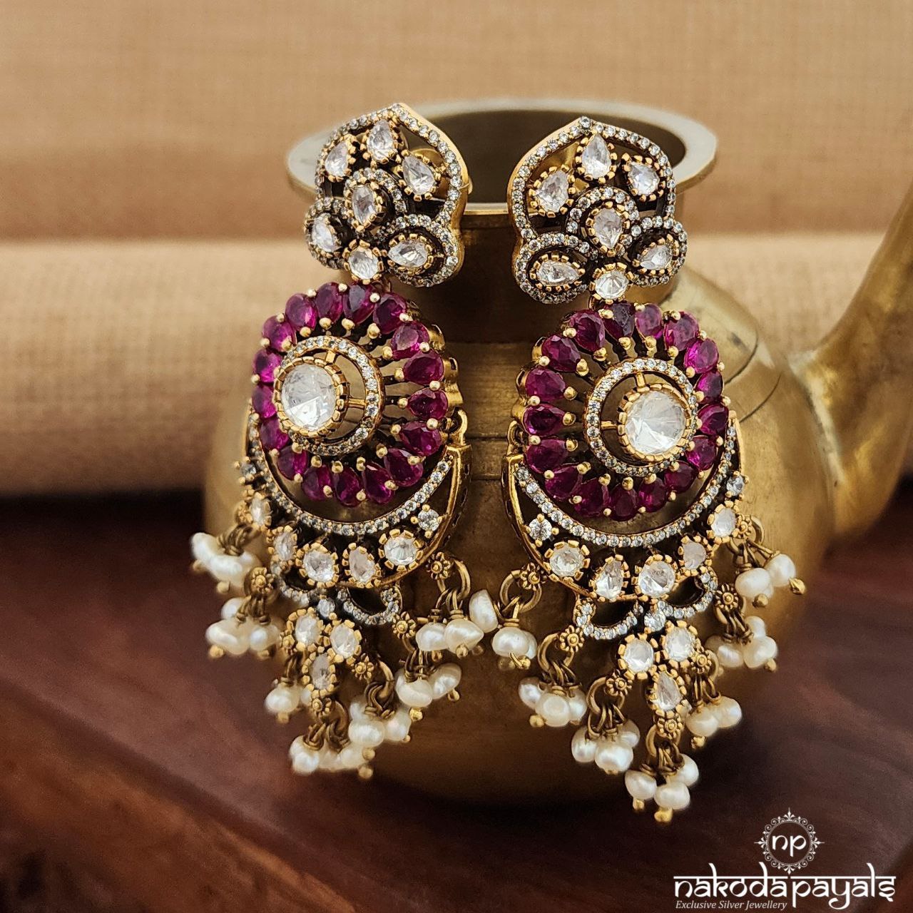 Half Moon Moissanite Stone With Fresh Water Pearls(Ge9210)