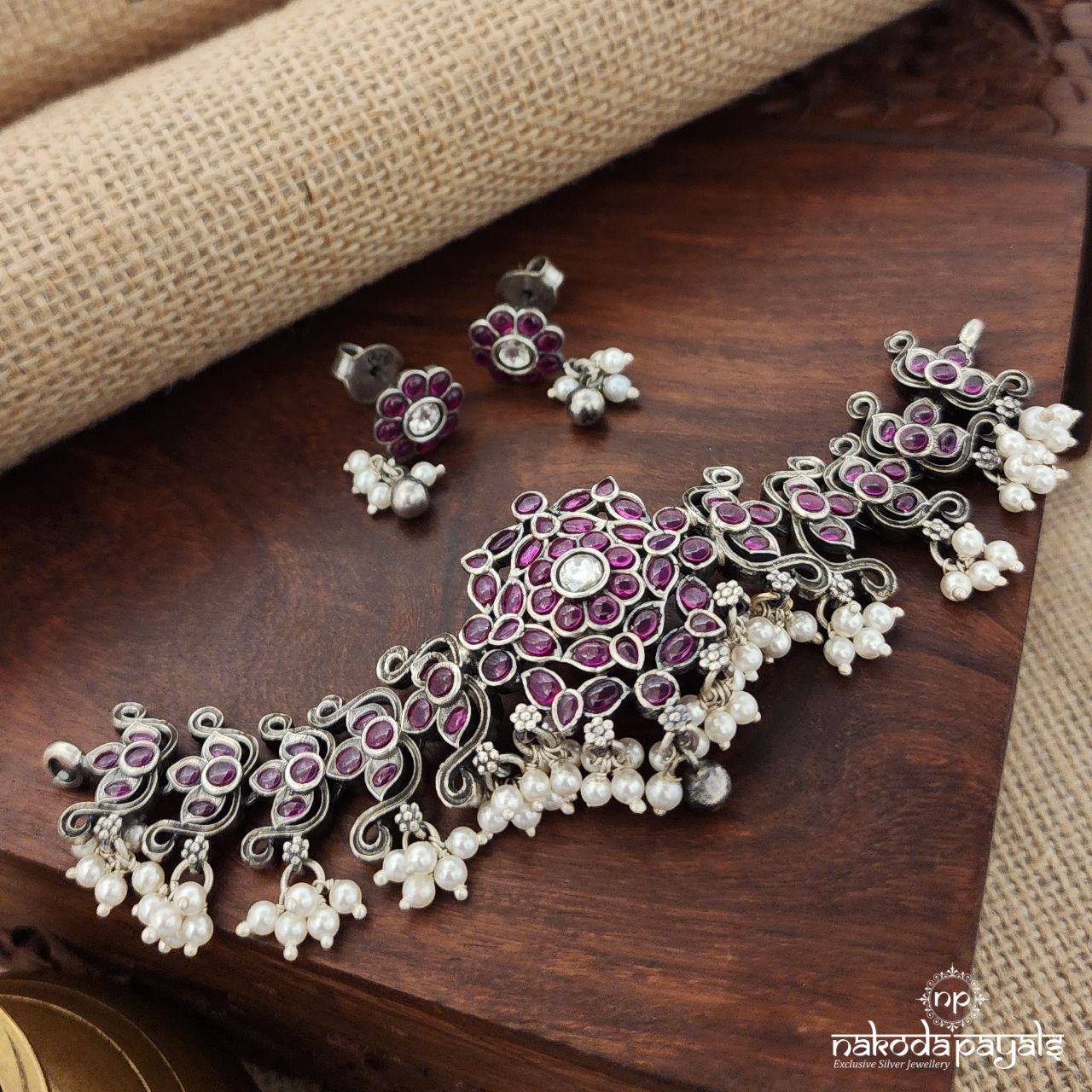 Extended Pink Choker With Earrings (N10790)