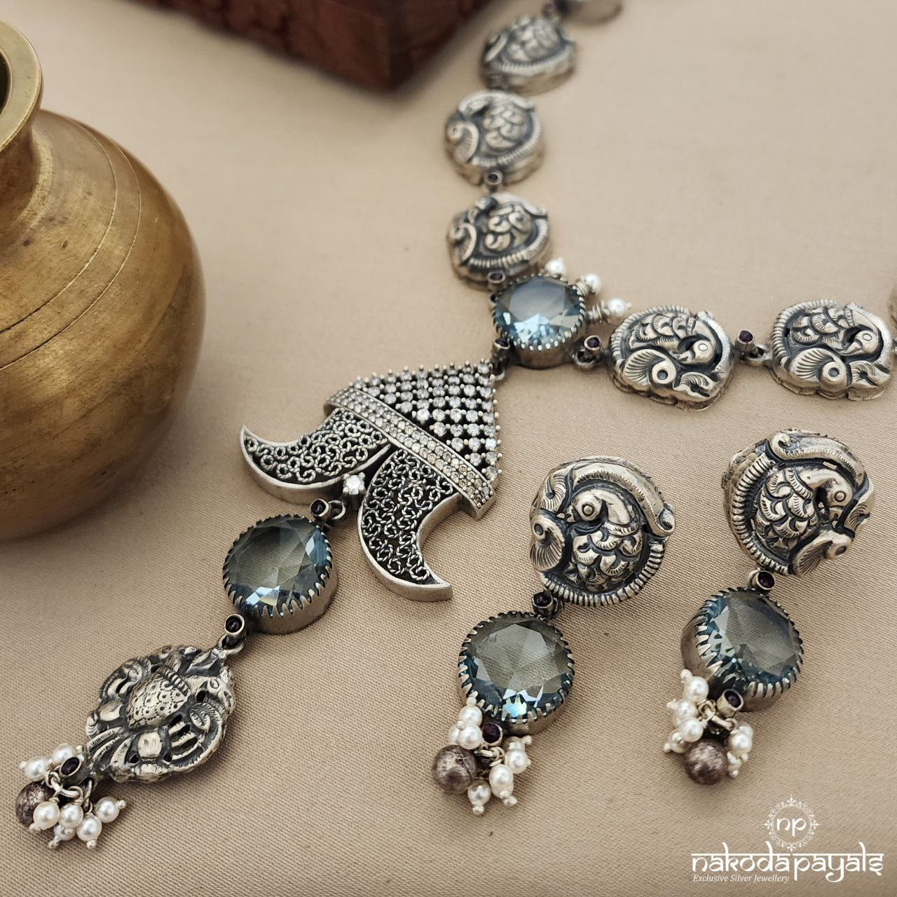 Sea Blue Ganda Berunda Neckpiece With Earrings (N10306)