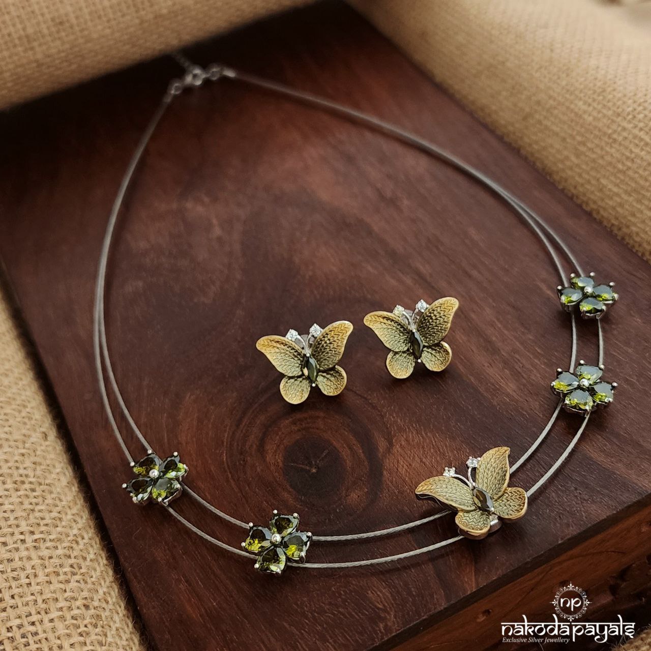 Greeny Rhodium Butterfly Neckpiece With Earrings(St3523)