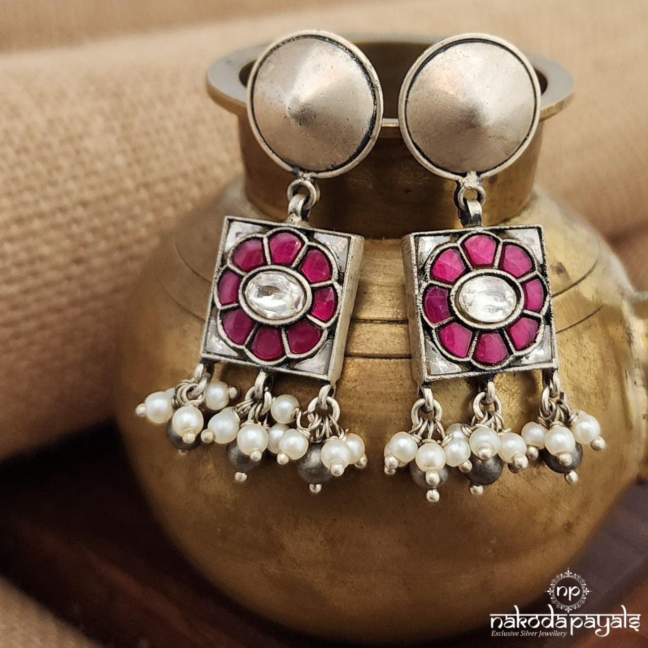 Pink Square Pearl Drops Kundan Earrings (C3598)