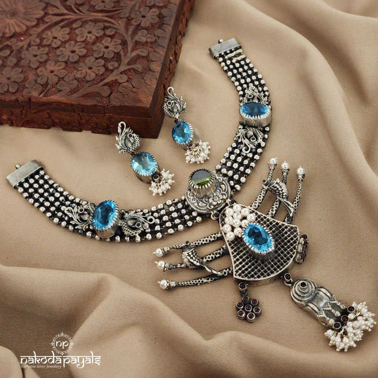 Aqua Blue Birdie Neckpiece With Earrings (N9821)