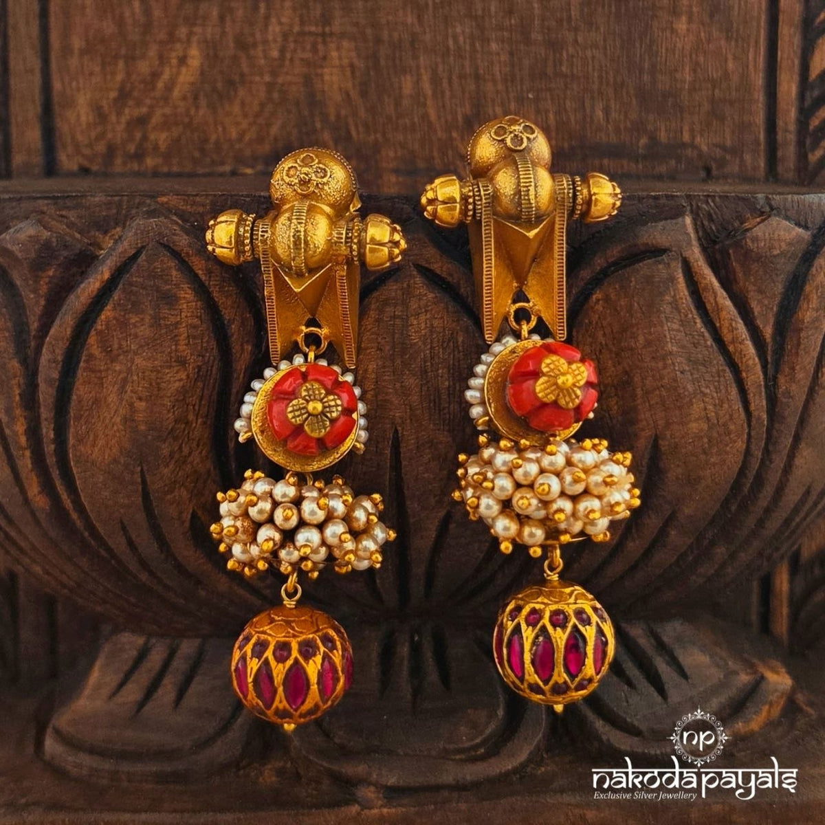 Coral Ball Drop Kundan Earrings (Ge11526)