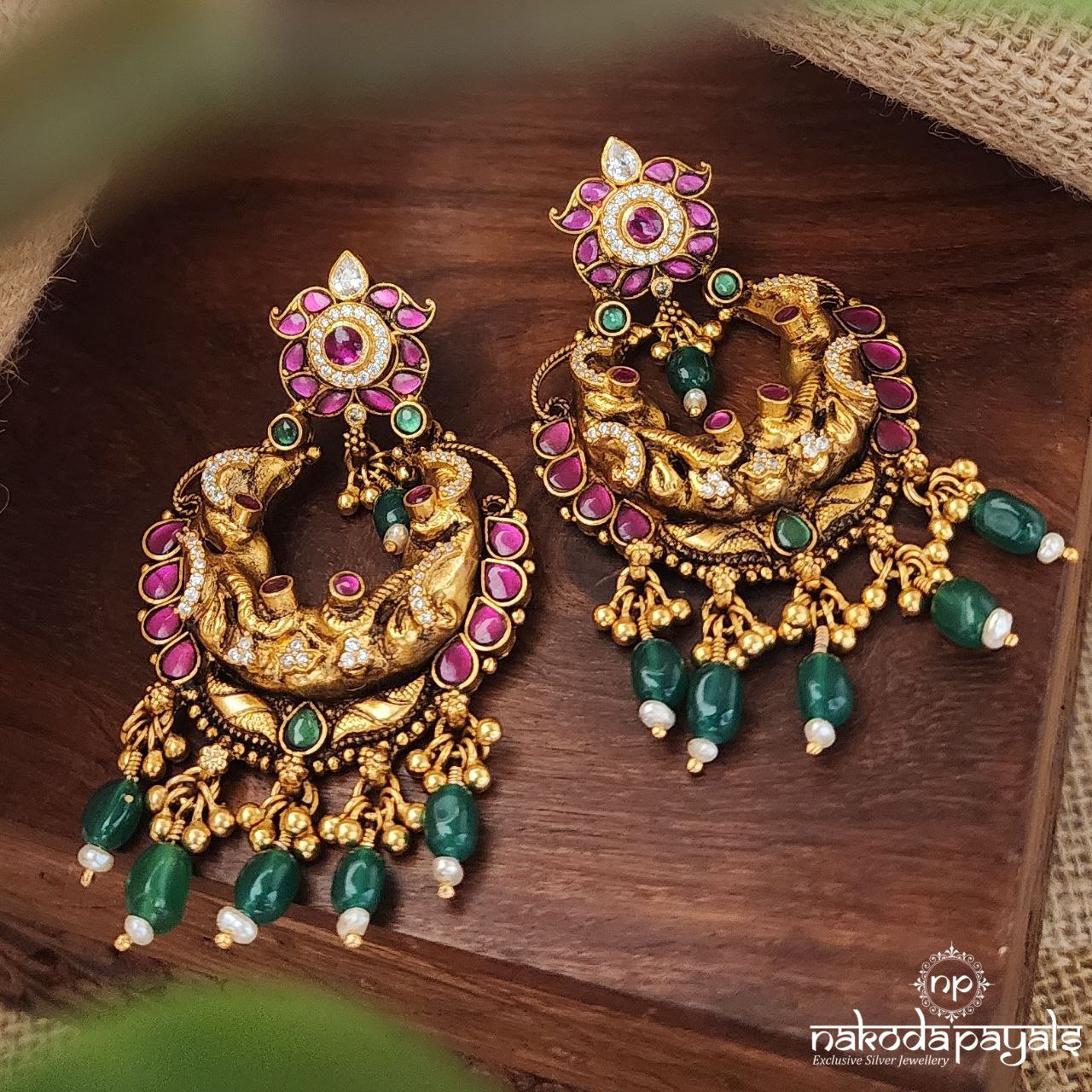 Pink Green Drops Chandbali (Ge9190)