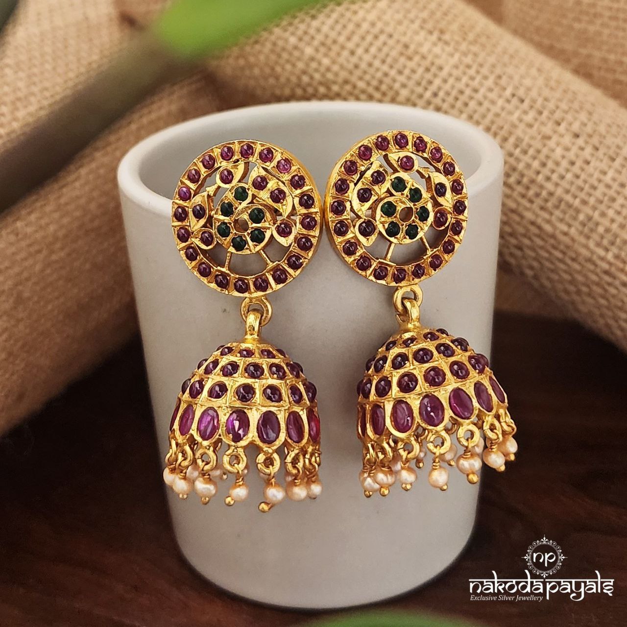 Pink Green Pearl Drops Jhumka (Ge8210)