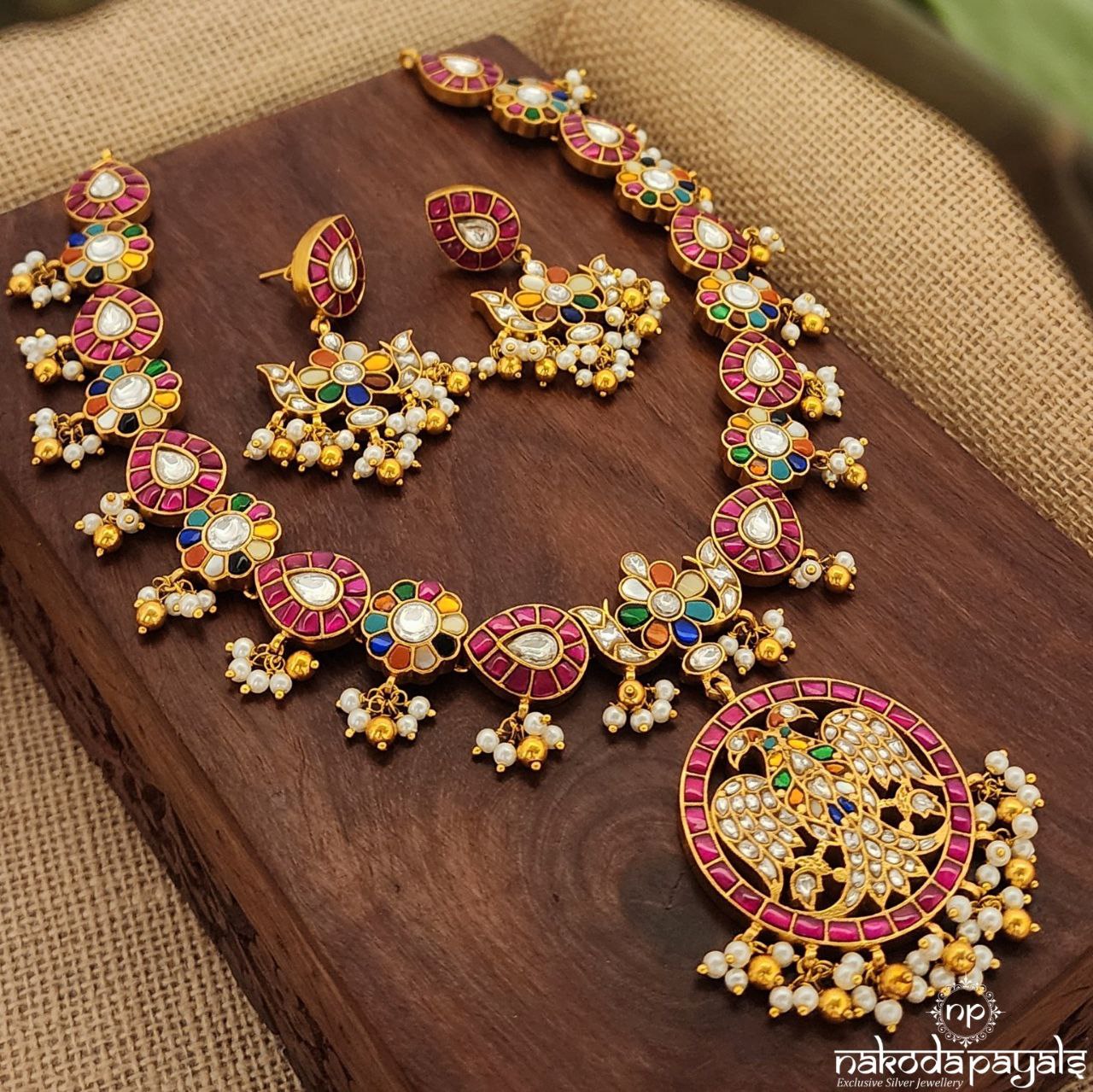 Pink Peacock Kundan Neckpiece With Earrings (Gn8025)