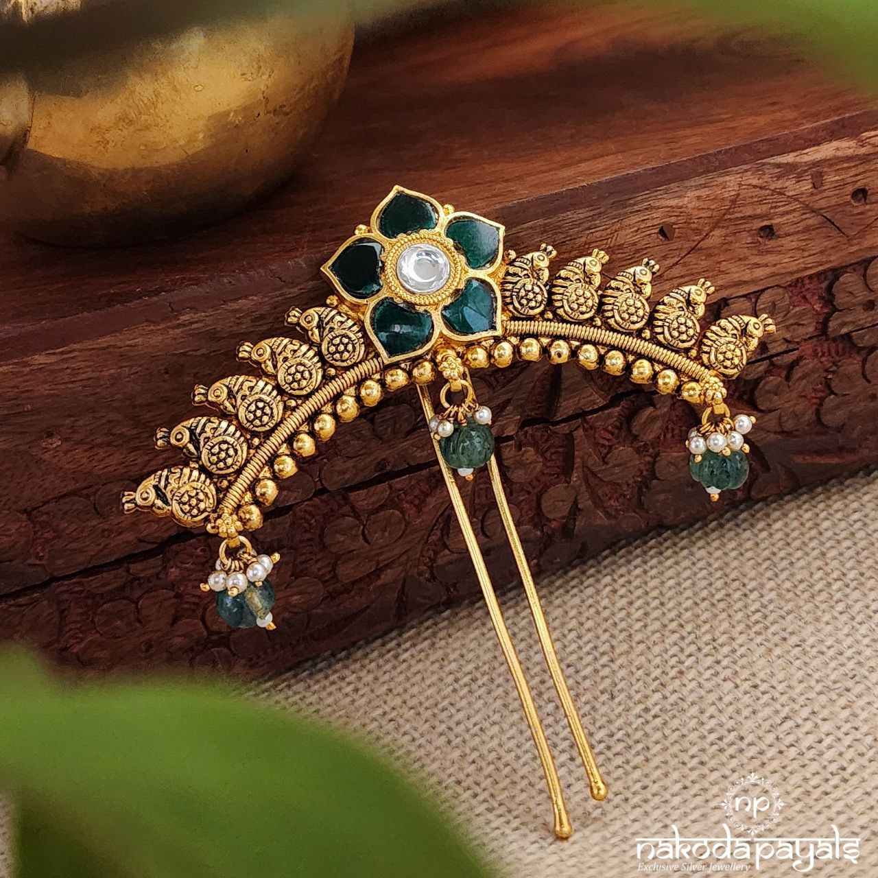 Graceful Green Pearly Ball Drops Kundan Hair Accessory (Ha0016)
