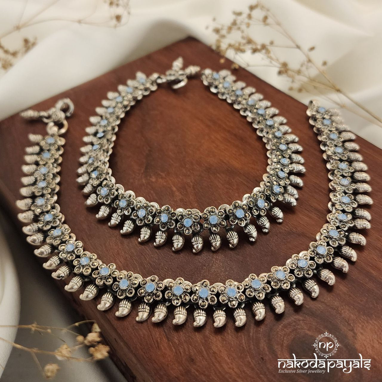 Powder Blue Floral Mango Drop Marcasite Anklets (A5934)