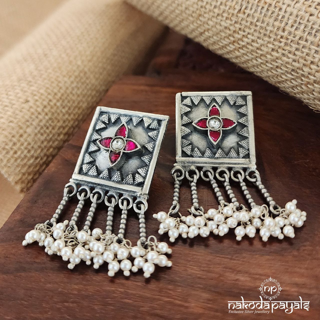Squarish Pink Flower Oxidised Chandbali (C8147)