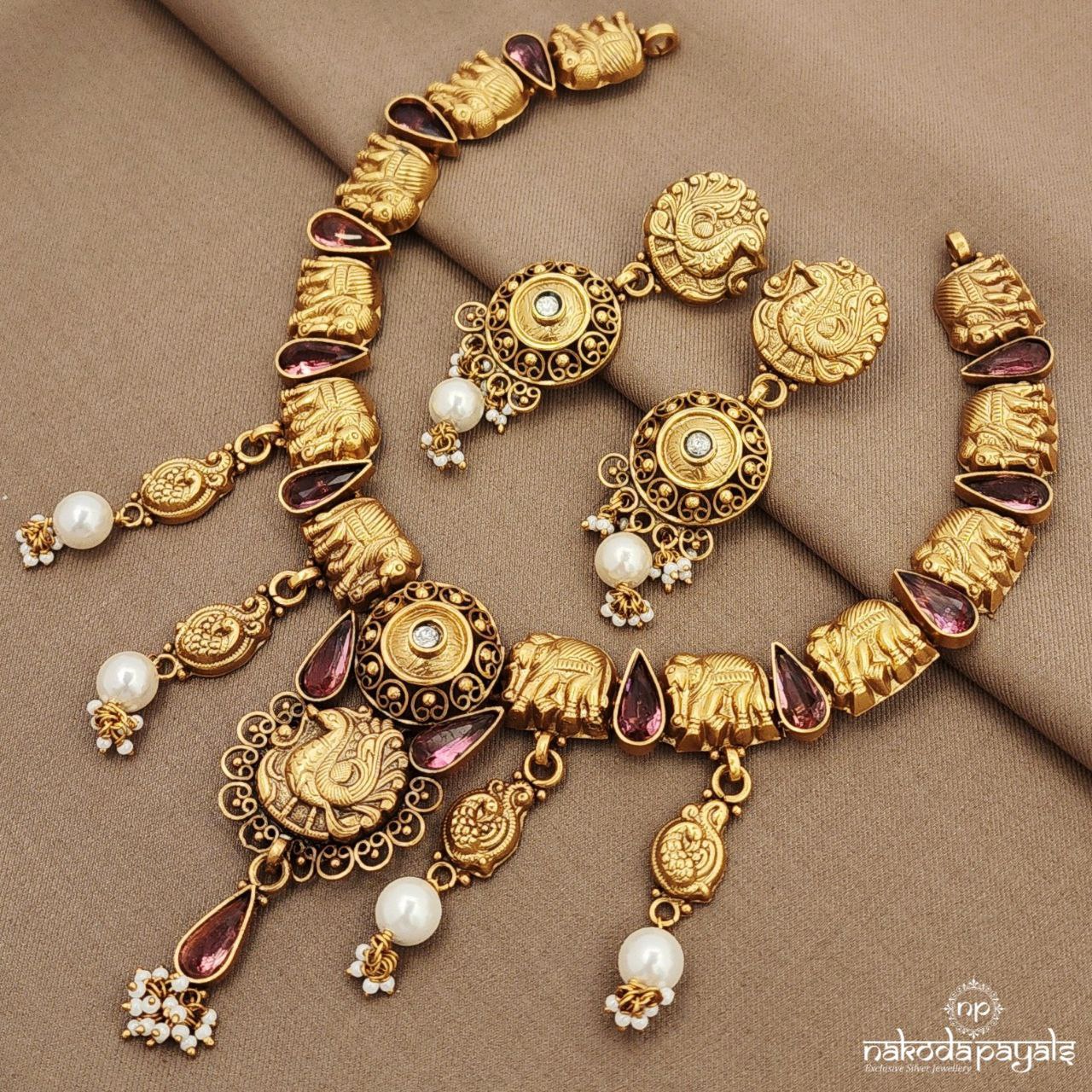 Pink Peacock Neckpiece With Earrings (Gn9116)