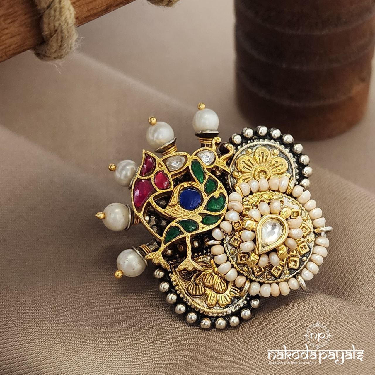 Coruscating Pearled Kundan Peacock Finger Ring (F2875)