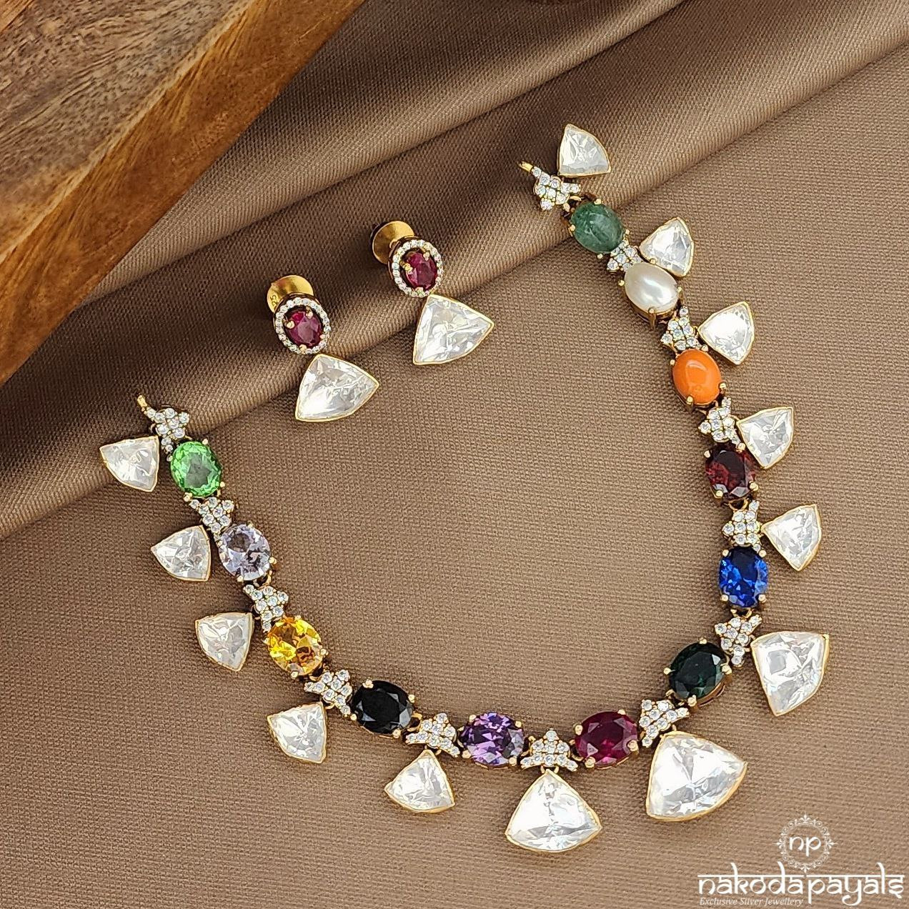 Navaratna Moissanite Neckpiece With Earrings (Gn9516)