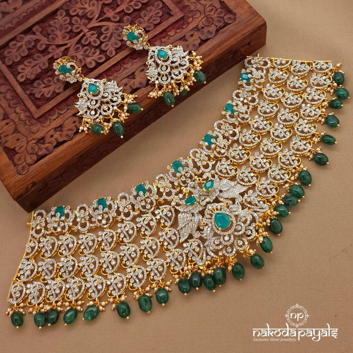Elegant Twin Peacock Mango Choker With Earrings(Gn10805)