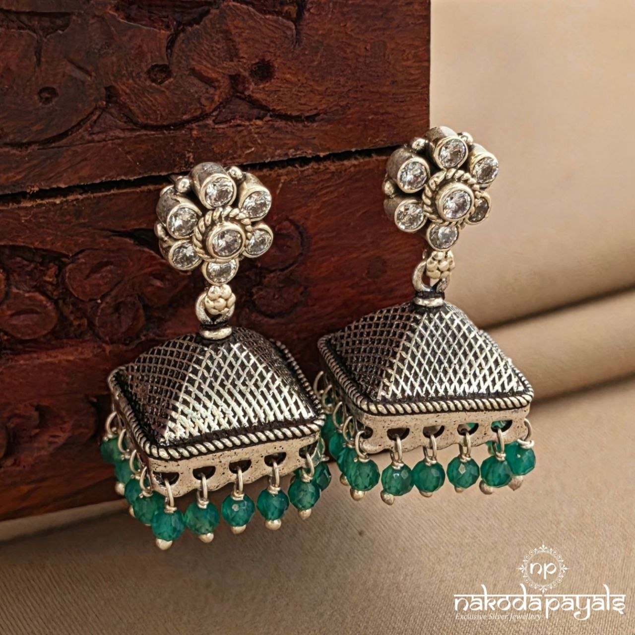 Oxidised White Floral Squarish Jhumka (J1756)