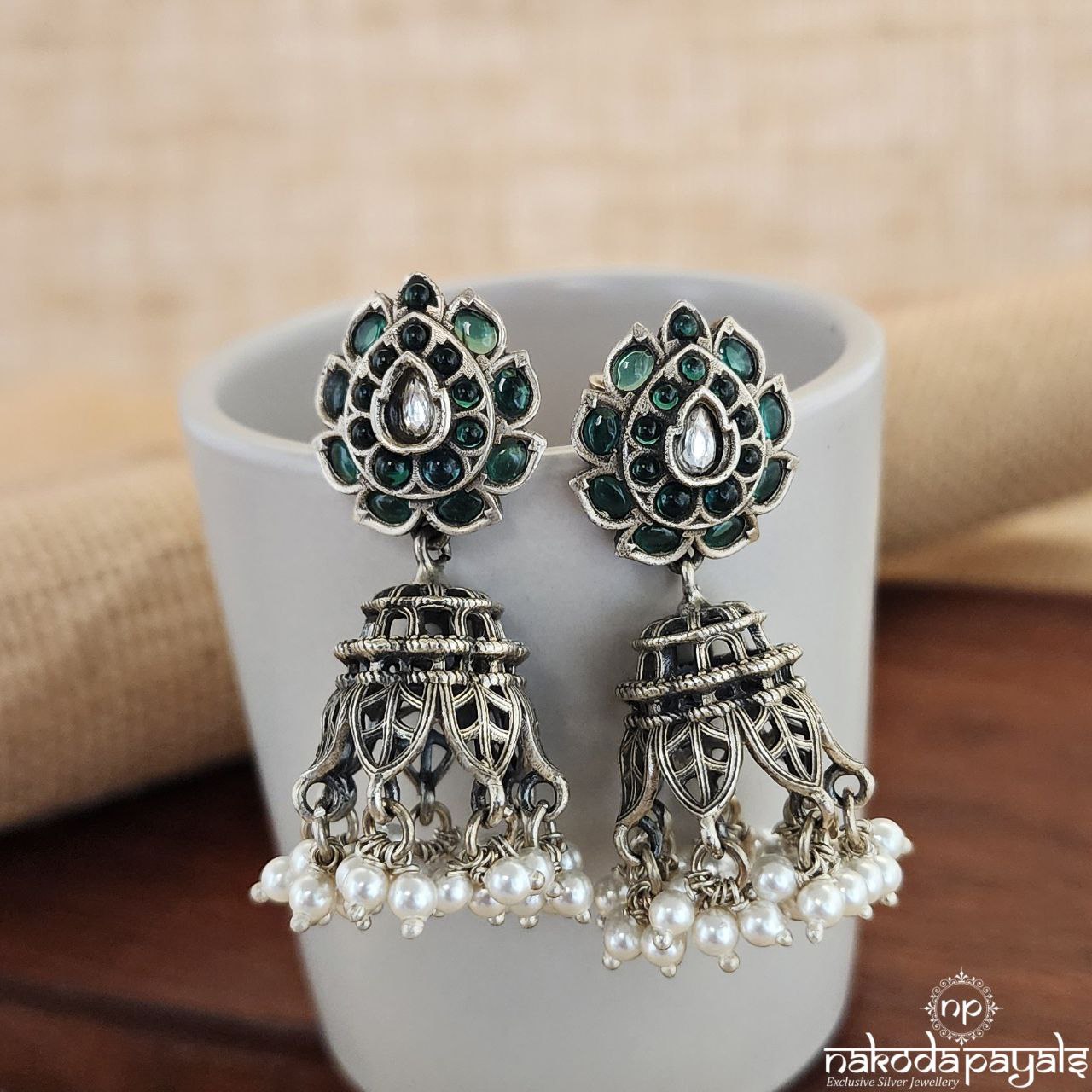 Green Pearled Drop Jhumka (J1064)