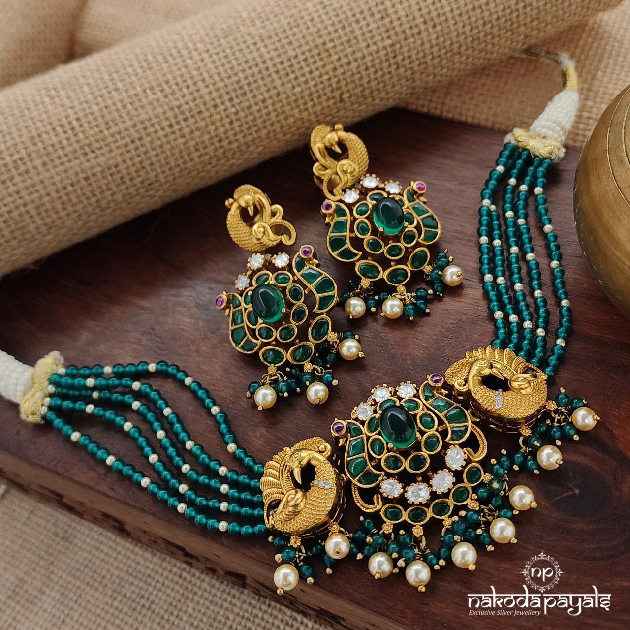 Green Peacock Kundan Choker With Earrings (Gn8746)