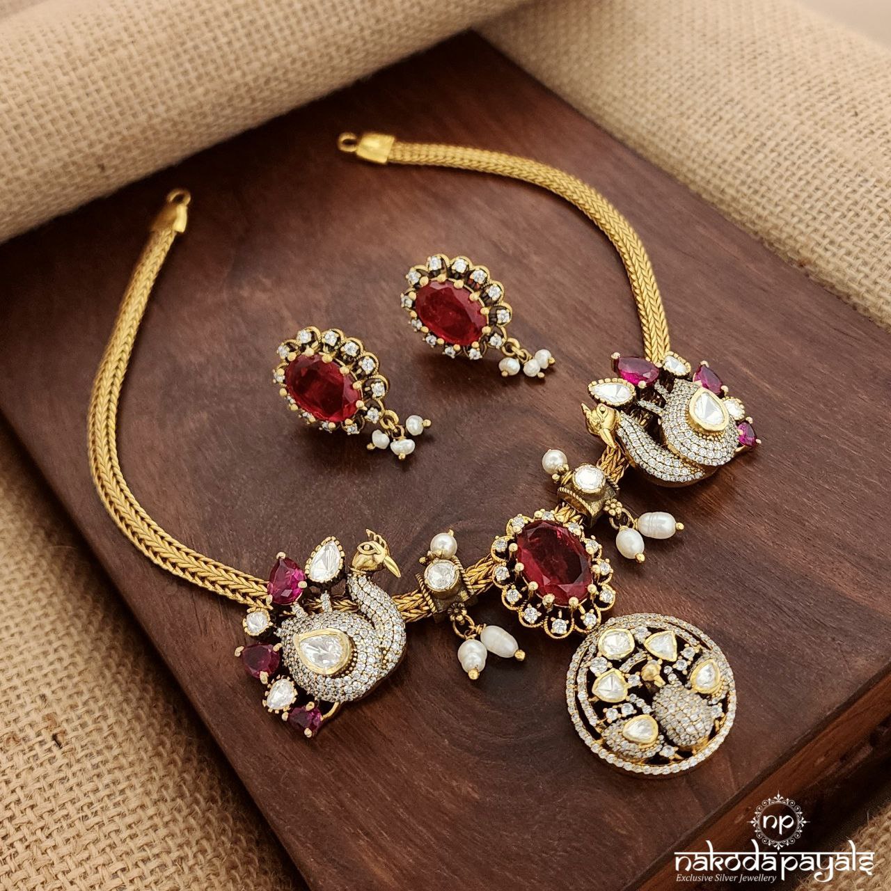 Peacock Moissanite Neckpiece With Earrings (Gn8998)